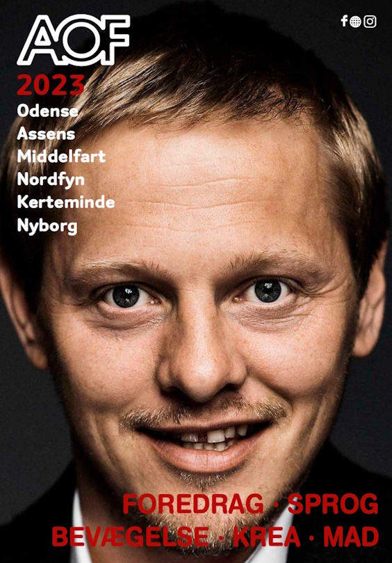 Portræt af Thure Lindhardt på forsiden AOF Center Odenses efterårskatalog 2023